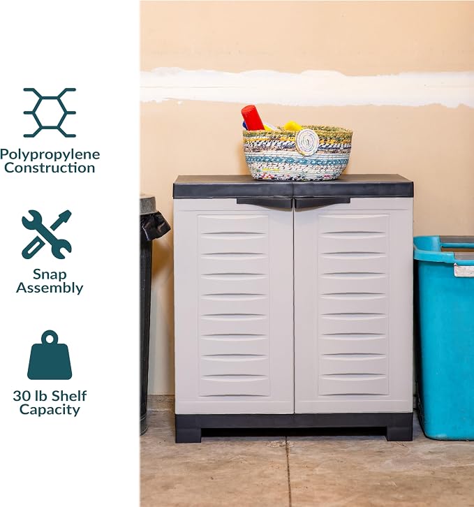 Sunnydaze 25.5" Garage Storage Cabinet with Adjustable Shelf, Gray | Heavy Duty Resin Storage Cabinet Resists Rust & Peeling, Easy-Clean Utility Cabinet with Doors for Garage, Closet, Office