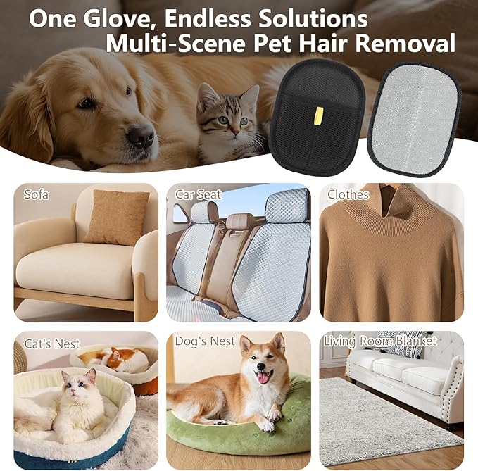 Pet Hair Removal Gloves, 2 Packs Reusable Electrostatic Pet Fur Remover Mitt, Washable Shedding Brush Glove for Dog Cat, Multi Surface Lint & Fur Cleaning Tool for Furniture, Car & Carpet