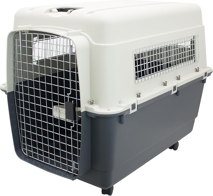 SportPet Airline Compliant XX-LARGE 39" Travel Dog Kennel-Durable Plastic Airline Pet Carrier w/ Removable Wheels & Food Bowls, Collapsible Indoor/Outdoor Dog Kennel, Dogs up to 36"L & 27"H-Cream/Gray