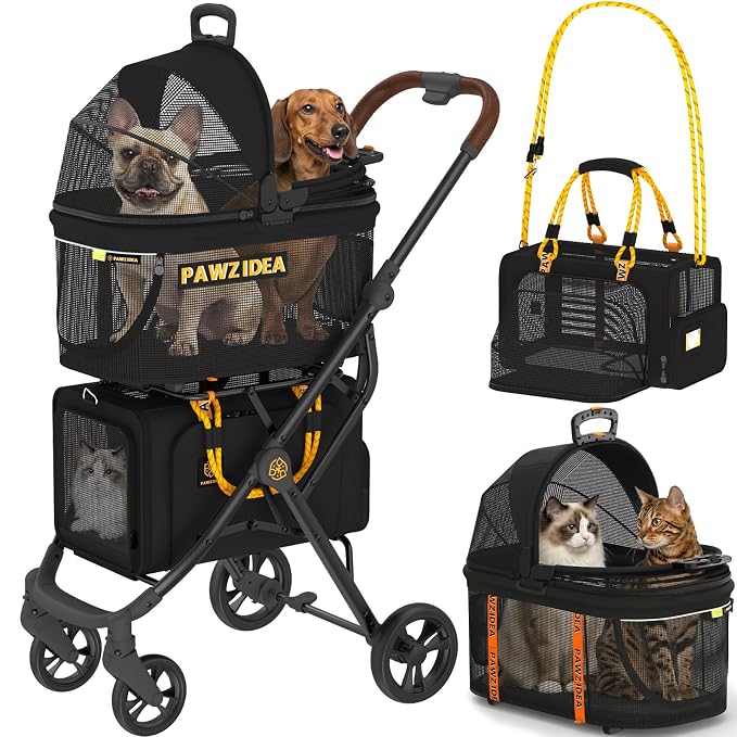 PAWZIDEA Double Pet Stroller with 2 Detachable Carrier for Multiple Pets | Portable Travel Crate & Car Seat Combo & TSA-Approved Expandable Carrier, Foldable Jogger Stroller for 2–4 Cats or Small Dogs