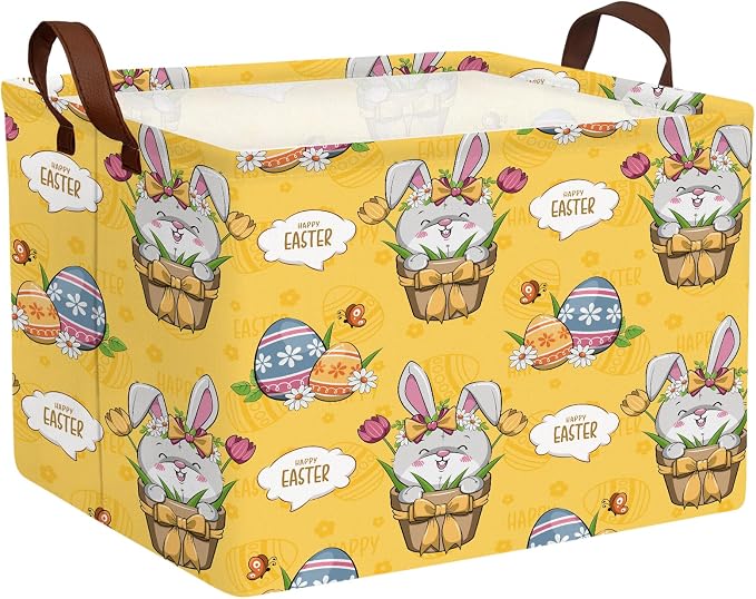 Large Cute Easter Basket for Kid Empty Gift Baby Rectangle Storage Bin Bunny Eggs Boy＆Girl Room Décor (Tulip Rabbit Yellow)