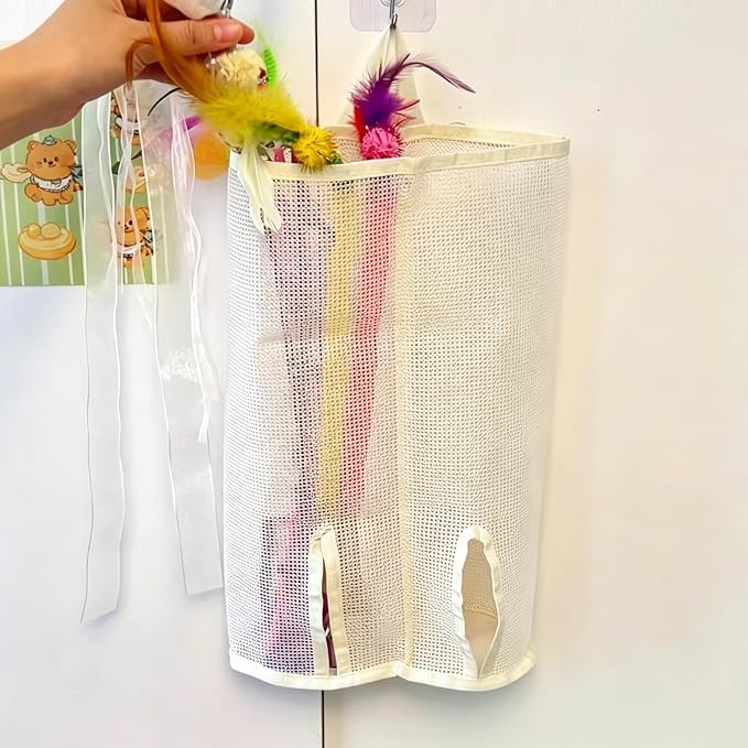 15.16" Cat Wand Toy Holder Organizer Storage Bag - Special Bottom Opening Design, Pet Kitten Stick Doy Toy Mesh Pockets for Cat Feather Teaser Toys Wall Hanging Basket Box Bin (Beige, Double)
