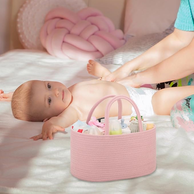 COMSE Baby Diaper Caddy Organizer for Girls, Cotton Rope, Dusty Pink