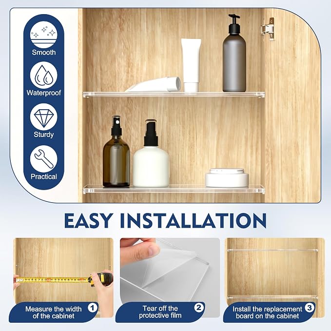 Catcan 4Pcs 13x3In Medicine Cabinet Shelf Replacement | Acrylic Medicine Shelves with Waterproof Labels Marker and Cleaning Cloth for Bathroom Kitchen Storage