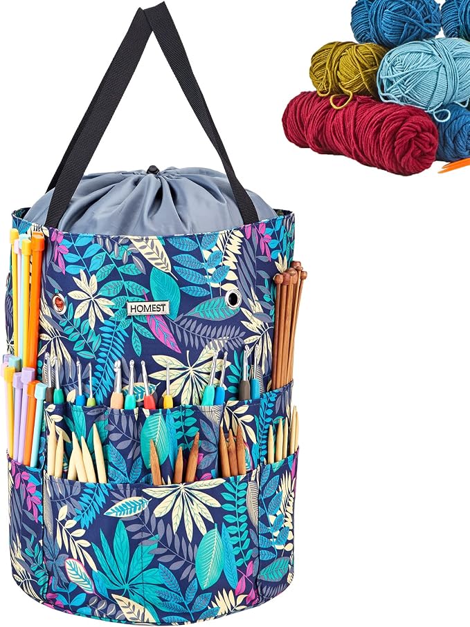 HOMEST Crochet Bag Organizer for Yarn Storage, and Knitting Accessories | Customized front compartment, 6 oversized grommets and drawstring closure for hooks, needles and projects, Floral