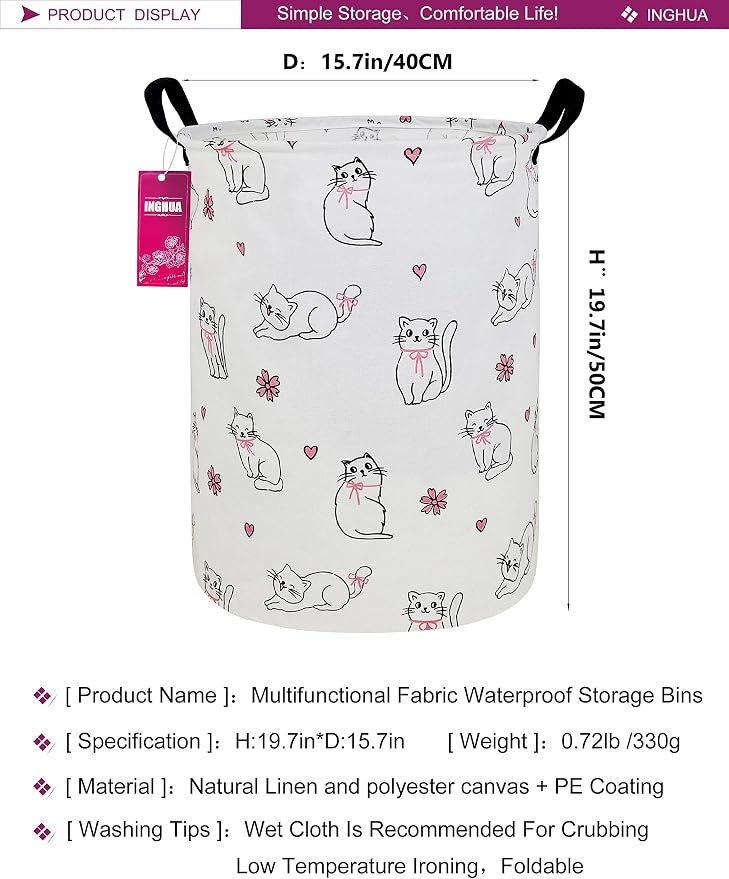 Laundry Hamper Large Canvas Fabric Storage Basket Love cat | Organizer Bin Dirty Clothes Collapsible Waterproof for College Dorms, Boys and Girls Bedroom,Bathroom