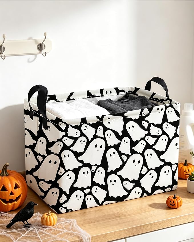 Essme Rectangular Halloween Basket,Ghost Storage Bins Organizer with Handles for Room Decor, Gift Basket.(Black Cute Ghost)
