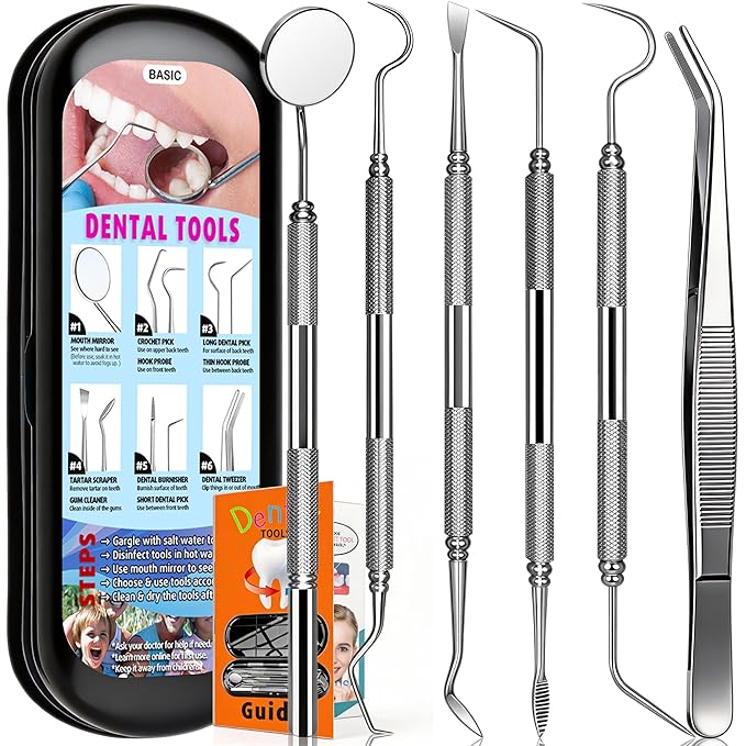 Dental Tools Plaque Remover Teeth Cleaning Tool﻿s Kit 6 Pcs Dental Care Kit Stainless Steel Dental Pick Tartar Remover Tool for Home/Travel/Pet Care-Storage Case Included
