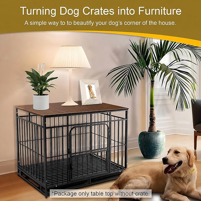 Dog Crate Topper with Magnets for 48 Inch Crate - Aluminum Foldable Dog Kennel Topper Decorative Storage Pet Crate Table Rustic Brown (Only Topper)