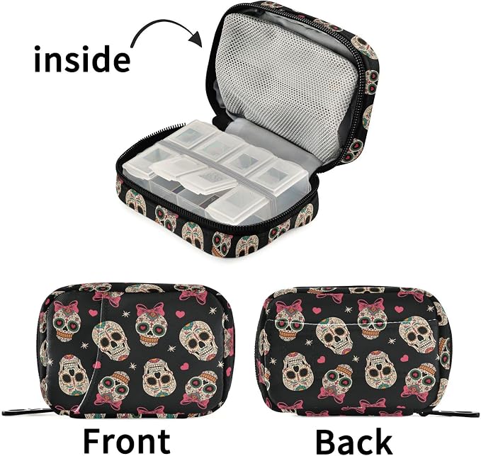Fustylead Mexican Sugar Skull Wear Bow Tie and Hearts Stars Travel Pill Organizer Bag with Zipper Small Pill Box 7 Day Pill Case for Purse Storage Weekly Vitamin Medicine Supplement