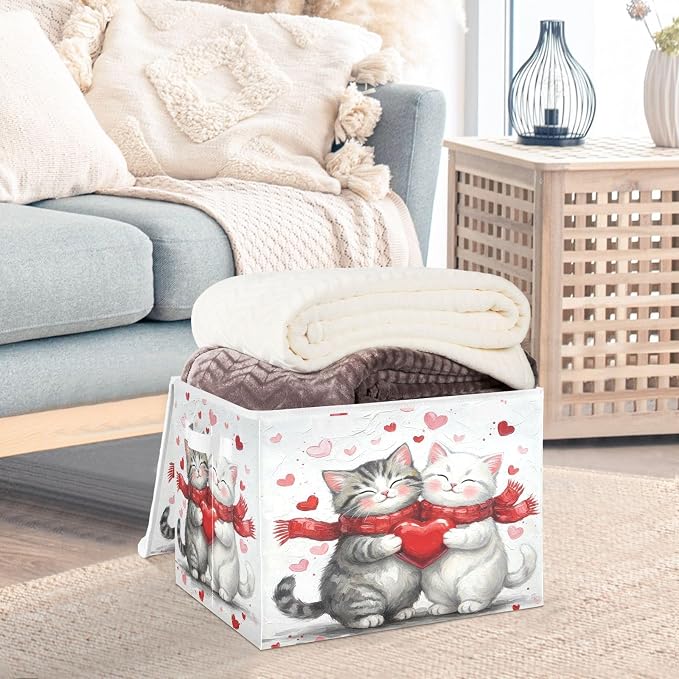 Fabric Storage Bins with Lid Cat Kitten Hug Closet Storage Basket 40L | Foldable & Stackable, Flip Top Dust Guard, Reinforced Handles, Home & Bedroom, Clothes & Toys, Oxford Print Basket