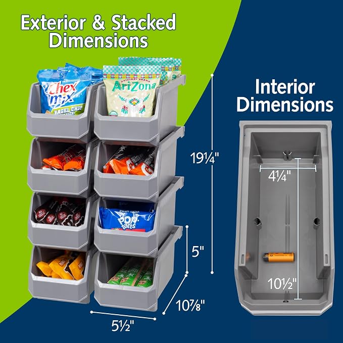 Medium Stackable Plastic Storage Bins, 8-Pack, Gray | Open-Front Stackable Bins For Garage, Pantry, Closet & Office, 11"L X 5,5"W X 5"H, Nests When Empty, Durable Plastic,