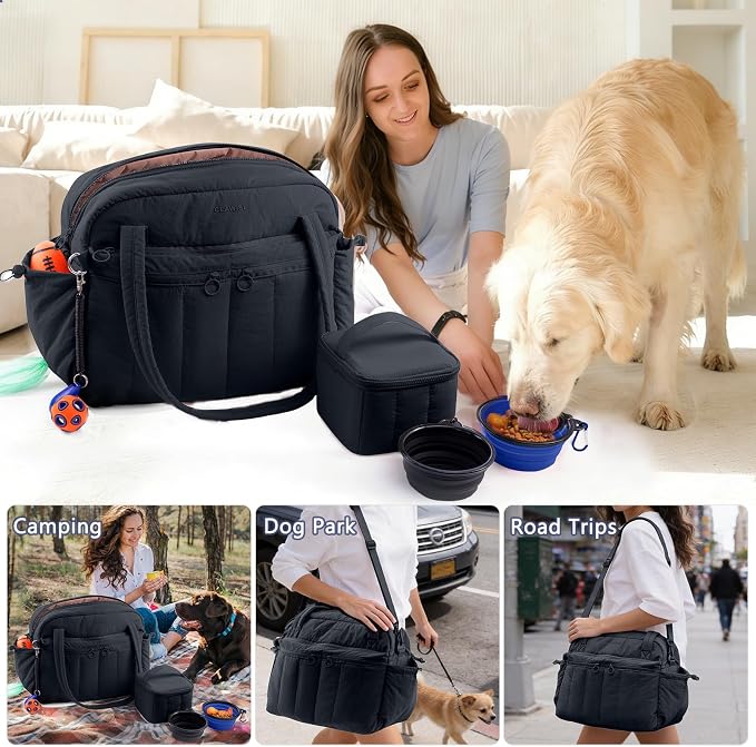 Dog Travel Bag for Supplies, Airline Approved Pet Travel Organizer with 2 Food Containers & Collapsible Bowls, Large Capacity Dogs Tote Bag for Weekend, Stylish Dog Mom Gift for Pet Lovers