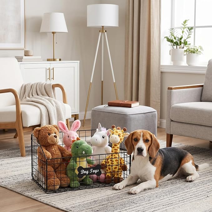 Dog Toy Basket Metal, Chew-Proof Dog Toy Box,Puppy Toy Food Container Bin for Living Room, Black