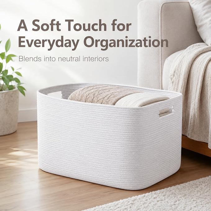 Cotton Rope Laundry Basket Extra Large, 22.8GAL Collapsible Woven Storage Baskets for Living Room Kids Toys Stuffed Animal,Boho Rectangular Decorative Hamper for Dirty Clothes, Blankets Pure White