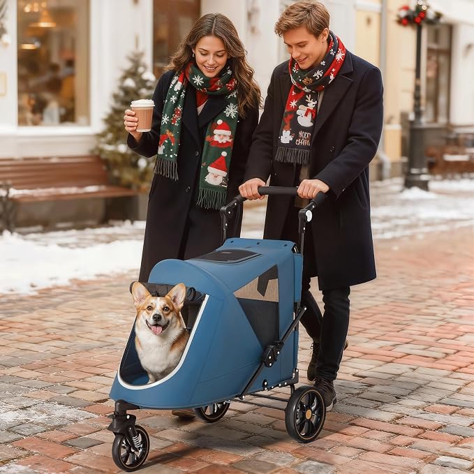 Magshion Pet Stroller for Medium Large Dog, 3-Wheel Foldable Jogger, Navy | All-Terrain with Adjustable Handle, Dual Entry, Rear Storage, Breathable Mesh, One-Foot Brake, Up to 55 lbs