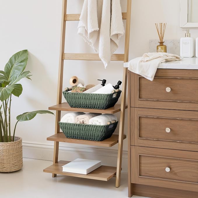 StorageWorks Wicker Storage Basket, Baskets for Storage, Bosana Green | Wicker Storage Baskets for Shelves, Baskets with Wooden Handles, 2-Pack Gifts Basket for Home Decor, Hand-Woven Basket