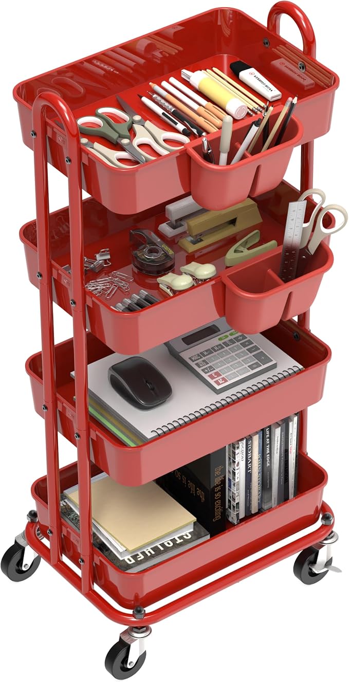 Simple Houseware 4-Tier Rolling Utility Cart with Hanging Bucket, Red | Storage for Bathroom, Kitchen, Office, Study Room, Nursery Diaper