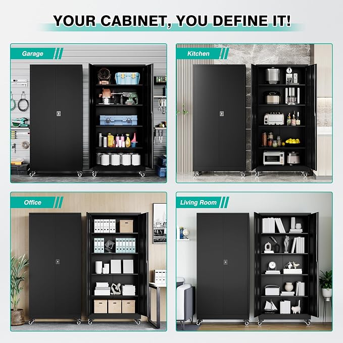Metal Storage Cabinet with Wheels,75 inch Tall Rolling Garage Storage Cabinet with Lock,Black Metal Cabinets with Wheels and Shelves,Deep Heavy Duty Tool Locker for Garage,Home,Office,Shop