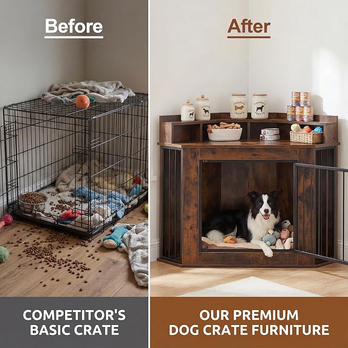 Corner Dog Crate Furniture for Small, Medium Dogs | Heavy Wooden Kennel, storage Shelves, Anti-Chew Design, Space-Saving, Indoor Use as TV Stand/Table