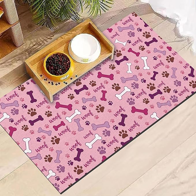 Dog Feeding Mat 30 x 17 Inch, Pink Paw Bone Woof Dog Placemat Absorbent Quick-Dry for Food and Water, Waterproof Non Slip Rubber Pet Bowl Pad Mat for Floors