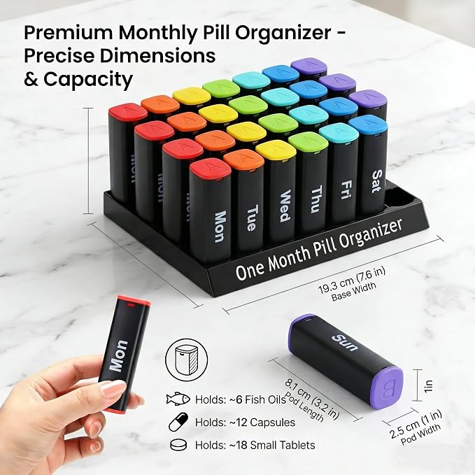 CAidRE Monthly Pill Organizer AM PM, Black XL Medication Box | 28 Day Moisture Proof Case for Vitamins and Supplements, Travel Friendly Individual Pods, Discreet 4 Week Storage