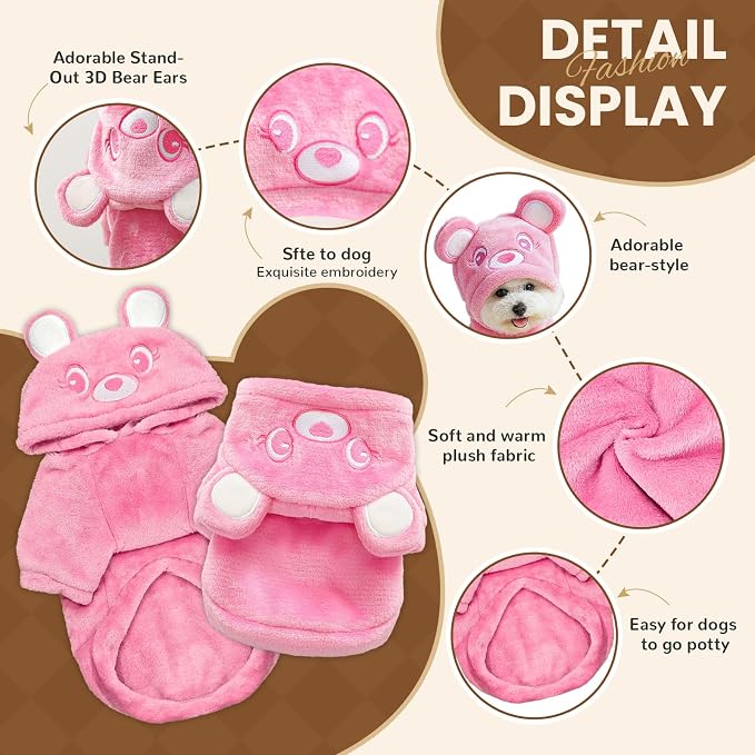 Dog Hoodie with Bear Ears Fleece Dog Valentines Sweater for Small Dogs French Bulldog Clothes Puppy Costume for Small Dogs XS Winter Clothes Cozy Pet Fleece for Cats