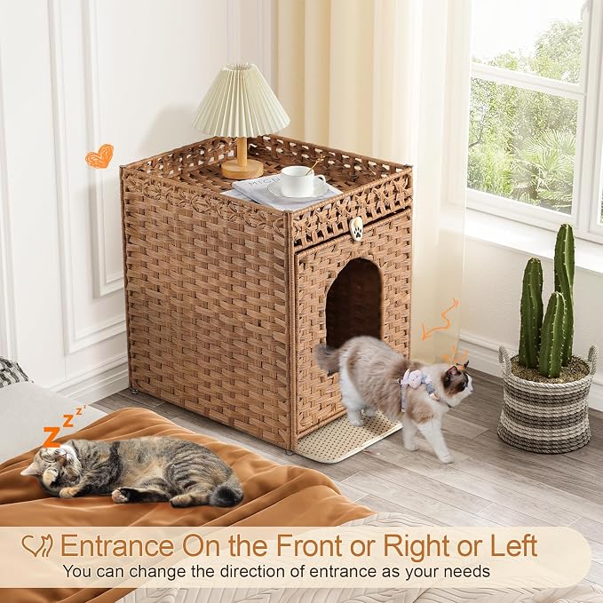 Snughome Cat Litter Box Enclosure Furniture Hidden with Litter Mat, Hidden Washroom Furniture with Door, Handwoven Rattan Cat Washroom Box, Indoor Pet House for Living Room, Bedroom(Natural)