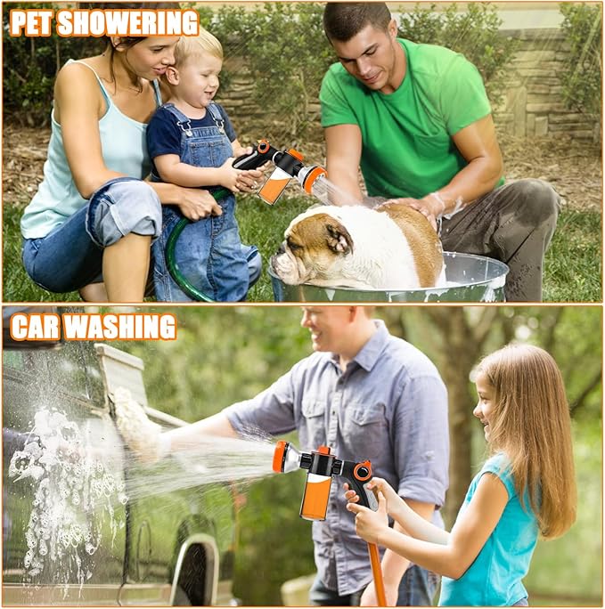 Upgrade Dog Washing Hose Attachment with Replacement Soap Bottle, 8 Spray Patterns Dog Wash Hose Attachment with Dog Washing Gloves, Suitable for Watering Plant, Patio, Cleaning, Showering Pet