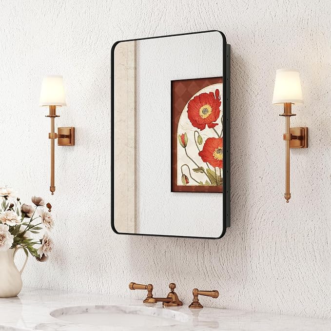 16x24 in Medicine Cabinet with Mirror for Bathroom, Matte Black | Fully Assembled; Recessed or Surface Wall Mount; Metal Cabinet with Tempered Glass Mirror and Two Adjustable Glass Shelves