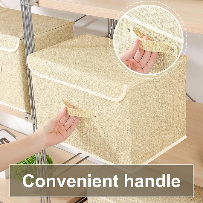 Storage Bins with Handles,Grey and Beige,15x9.8x9.8in,3 Pack | Storage Baskets with PP Board Support,Washable Wardrobe Organisers with Lids,Stackable Organization Bins for Socks,Ties,Scarf