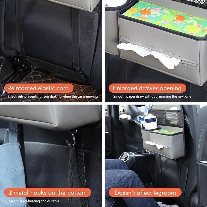 Multifunctional Car Seat Back Organizer with Large Tissue Box Holder, Large Water Bottle Storage, Phone Pouch for Road Trips (Gray)