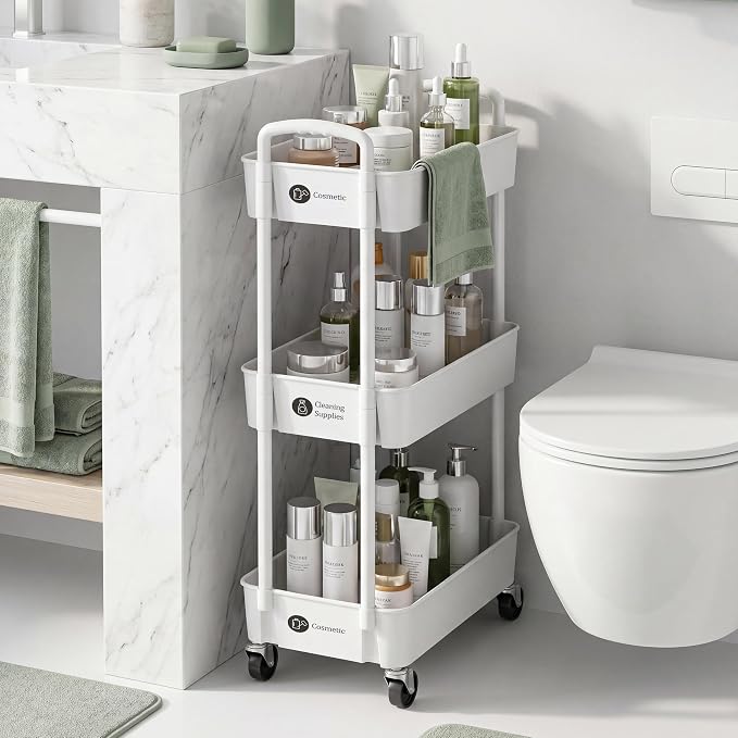 Laiensia 3-Tier Rolling Cart with Wheels,Multifunction Utility Storage Carts, Kitchen Storage Organizer,Mobile Shelving Unit for Bathroom,Laundry,with Classified Stickers,White (Pack of 2)