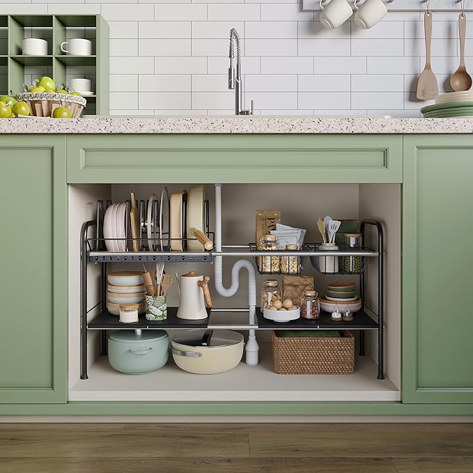 Expandable Under Sink Organizer，Pot and pan Organizer Under Cabinet | Pan Lid Organizer,Expandable Storage shelf with Pan Rack（7 Dividers）,2 Baskets and 4 Panels,Adjustable partition height