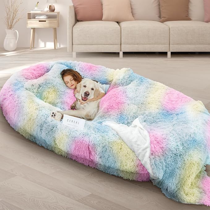 ROOMTEC Human Dog Bed, 78''x51''x12'' Size Fits Adult and Pet Washable Giant People Bed 10 CM Thick Memory Foam Large Oversize Pet Bed with Plump Pillow, Blanket, Strap - Rainbow