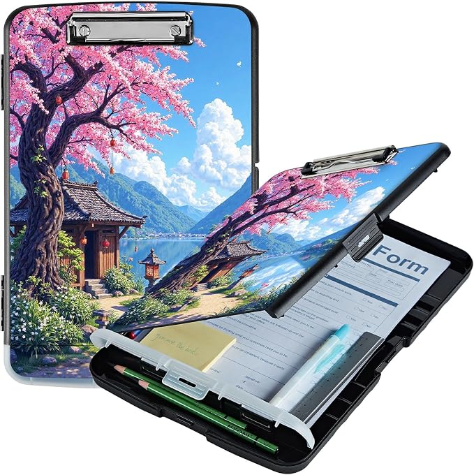 A4 Clipboard with Storage Pen Holder, Clipboards Organizer Nursing Clipboard Foldable File Folder Plastic Clipboard Folio Clip Board for Office Work Classroom Doctor, Pink Flower Brook