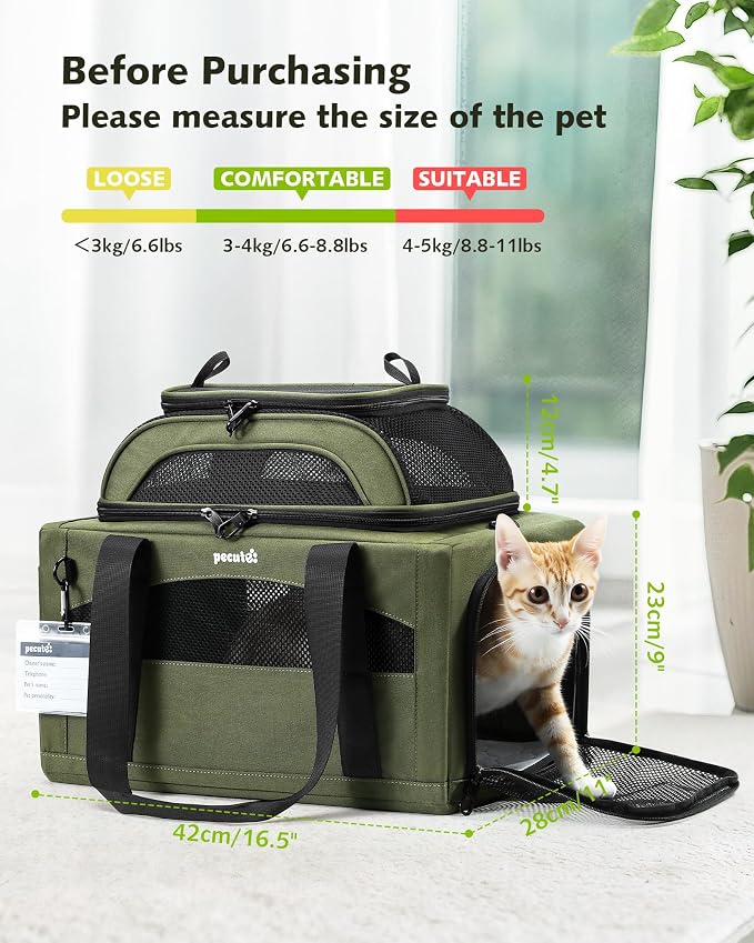 Pecute Expandable Airline Approved Pet Carrier for Cats & Dogs, Olive Green | Airline Approved Dog Carrier, Under-seat, Anti-scratch Mesh, Safety Leash, Locking Zippers, Leakproof Pee Pad