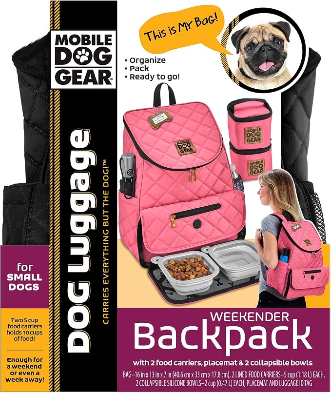 Mobile Dog Gear: Weekender Backpack - Black - Quilted Pet Travel Bag Holds Dog Accessories, Food Carriers, Silicone Bowls, Built-In Feeding Placemat