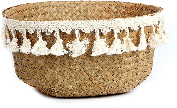 Tassel Macrame Woven Seagrass Belly Basket for Storage, Decoration, Laundry, Picnic, Plant Basin Cover, Groceries and Toy Storage (Medium, Tassel)