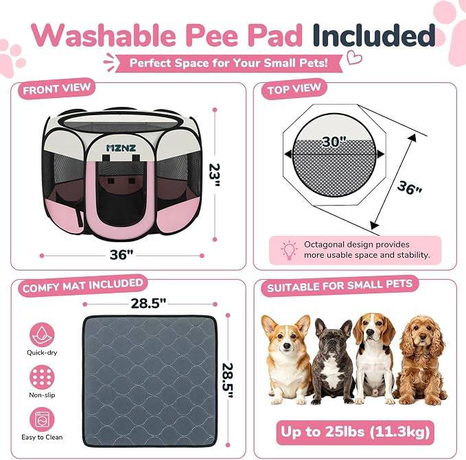 Dog Cat Small Animal Puppy Playpen Crate with Pee Pad, Medium, Pink | Portable Pop Up Pet Cage Enclosure Tent Kennel Indoor Outdoor with Carrying Case, No Assembly, Camping Use