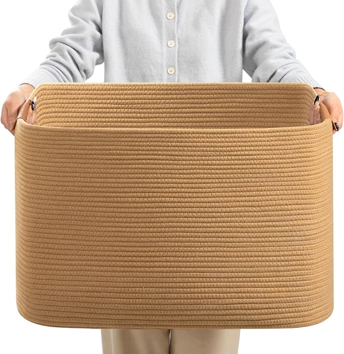danpinera Large Blanket Basket for Living Room, 72 L Woven Cotton Rope Baskets for Kids Toy, Pillows, Towels, Cotton Organizing with leather handle, Storage Bin for Nursery, 22’’*17’’*11.8’’ Jute