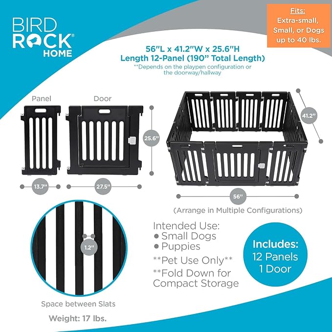 BIRDROCK HOME Dog Playpen w/Door, 12 Panel, 25.6in H | Strong Plastic, Non-Slip Puppy Playpen, Secure Pet Gate | Indoor Outdoor Fence | Configurable Panels | Small to Medium Pets - Black | 13-Panel Durable Plastic Playpen for Puppies and Small Dogs, Pe...