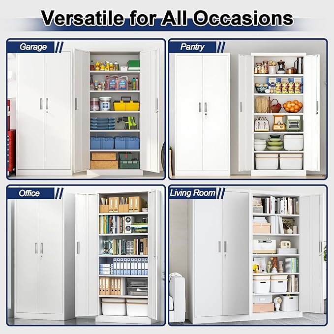 BESFUR Metal Storage Cabinet with 2 Doors and 5 Adjustable Shelves Garage Storage Cabinet with Lock 71" Office Storage Cabinets Locking Cabinets for Garage Office Shop Home (White)