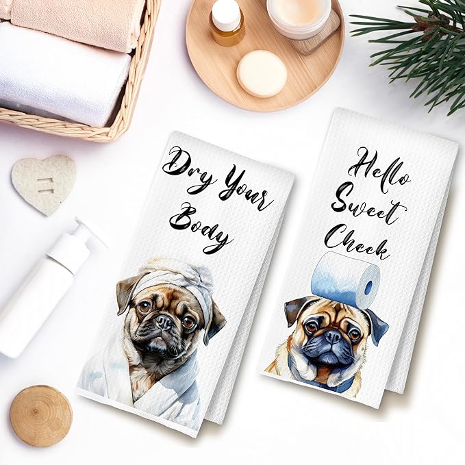Funny Pug Dog Hand Towels for Bathroom Washroom, Gifts for Pug Lovers Women Men, Dog Bathroom Decor, 16x24 Inch Set of 4