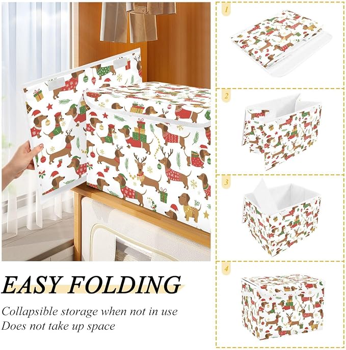 Dogs Christmas Storage Bins with Lids Closet Bedroom 40L Fabric Bin | Decorative Storage Boxes, Foldable & Stackable, Dust-Proof Flip Top, Reinforced Handles, For Home & Dorm, Clothes & Toy Box