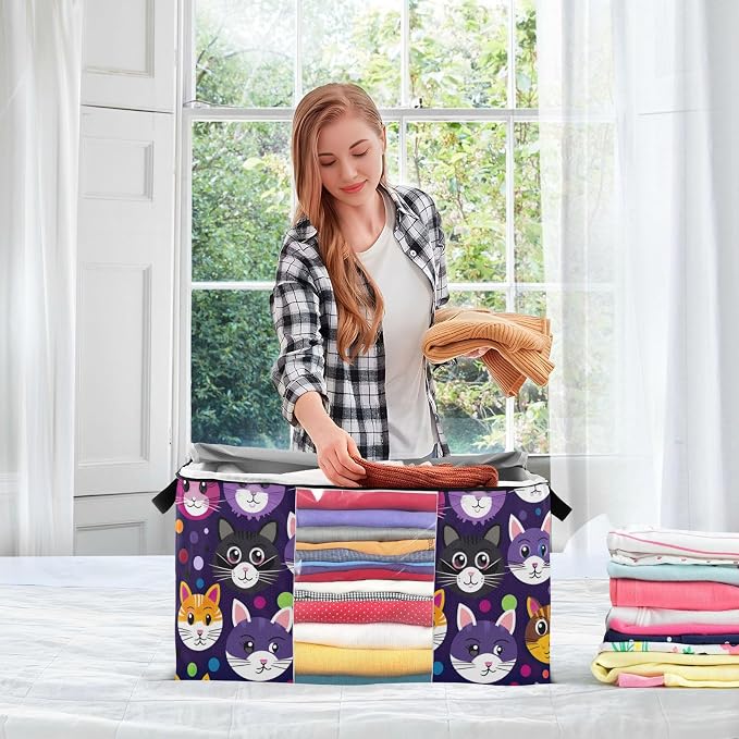 Generic Cute Cat Purple Clothes Storage Bag Bins 2 Pack Foldable Storage Containers Large Closet Organizer with Zipper Quilt Bag for Bed Sheets Clothing Comforters 95L, g355896692p976c1037s2358
