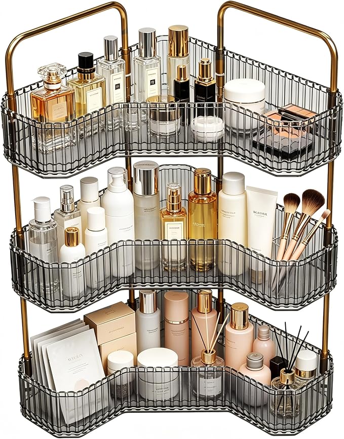 3-Tier Corner Bathroom Organizer, Skincare Vanity Counter Shelf Grey | Premium PET Perfume Display Stand with Gold Metal Rods, Space-Saving 90 Degree Storage Rack for Dresser