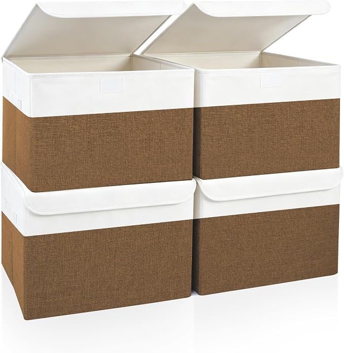 Large 22 Quart Linen Fabric Foldable Storage Bin Cube Organizer Basket with Flip-Top Lid & Handles, Clothes Blanket Box for Home, Office, Closet, Brown & White, 4 Pack 14.6 x 9.5 x 9.5