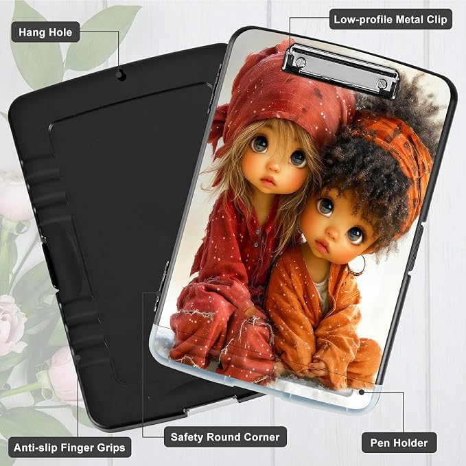 A4 Clipboard with Storage Pen Holder, Clipboards Organizer Nursing Clipboard Foldable File Folder Plastic Clipboard Folio Clip Board for Office Work Classroom Doctor, Two Little Girls
