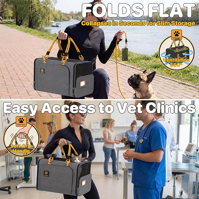 PAWZIDEA Expandable Pet Carrier for Small Cats & Dogs, TSA Airline Approved | 18"×11"×11" Soft-Sided Small Dog Travel Bag, Collapsible Top-Load Cat Carrier for 2 Cats Under Seat, Puppy Car Seat Up 15lbs